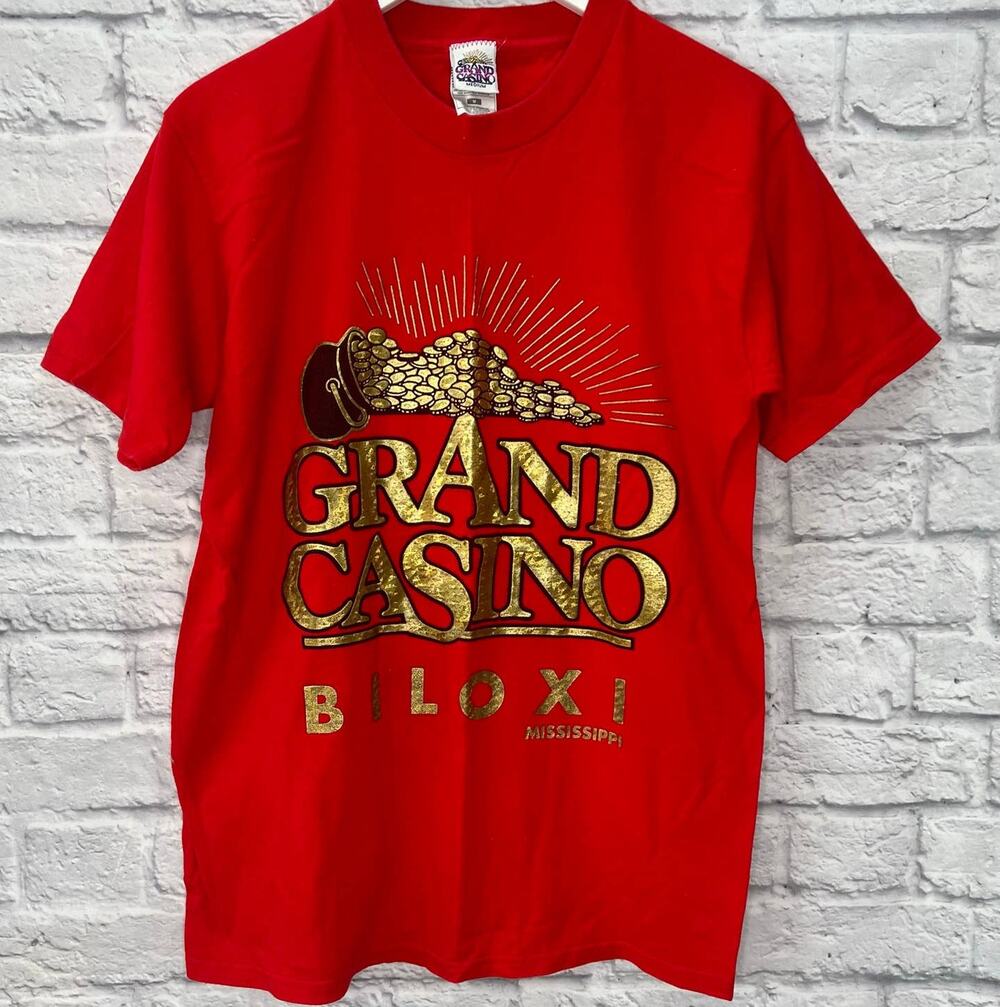 Vintage Grand Casino Biloxi, MS T-Shirt Red Size M Golden Coin Graphic 90s Shiny